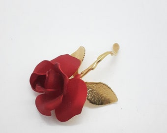 vintage Gilt Stem Red Rose Broche USA Marqué Cadeau Pour Elle