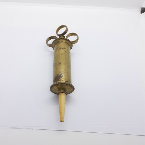 Brass Ear Syringe With Bone Nozzle.