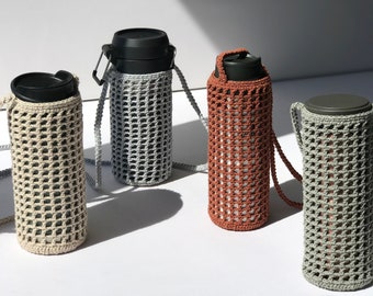 Porte-bouteille au crochet, Porte-bouteille fait main, Sac pour bouteille en bandoulière, Sac de transport pour thermos