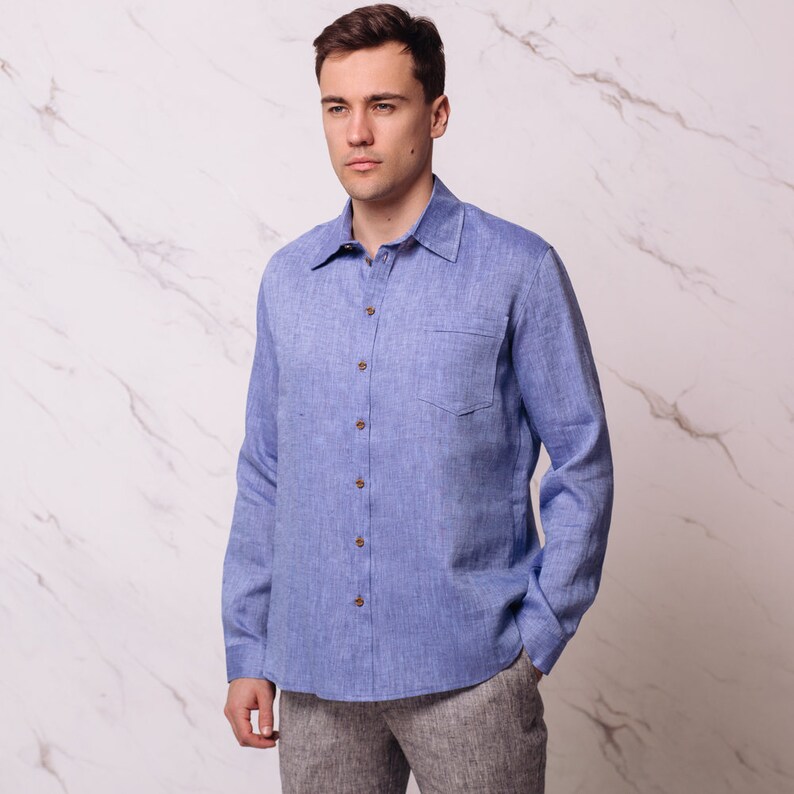 Organic linen shirt men long sleeve Nelson. Blue