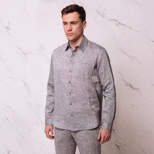 Organic linen shirt men long sleeve Nelson. Gray melange