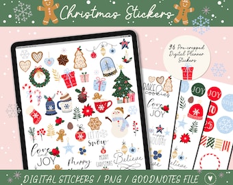 May include: A digital planner featuring Christmas-themed stickers. The stickers include gingerbread men, Christmas trees, ornaments, and festive text. The image also displays the text "Christmas Stickers", "96 Pre-cropped Digital Planner Stickers", and "Digital Stickers / PNG / GoodNotes File".