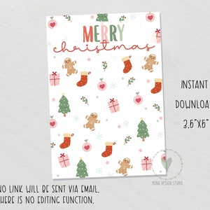 Puede incluir: Una tarjeta navideña blanca con un patrón festivo de hombres de jengibre, calcetines, regalos, adornos y árboles de Navidad. Las palabras "MERRY christmas" están escritas en rojo y verde. La tarjeta mide 8,9 cm x 12,7 cm y es una descarga instantánea.