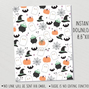 May include: A white Halloween-themed digital paper with a repeating pattern of ghosts, pumpkins, witch hats, cauldrons, spiderwebs, bats, and stars. The text "INSTANT DOWNLOAD 8.5"X11"" is displayed on the right side. The bottom of the paper reads "NO LINK WILL BE SENT VIA EMAIL. THERE IS NO EDITING FUNCTION."