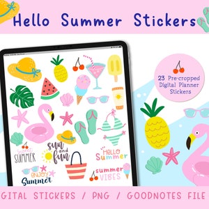 Può includere: Un set di adesivi digitali per planner a tema estivo. Gli adesivi includono un cappello da sole giallo, ananas, fetta di anguria, fenicottero, occhiali da sole e testo "Hello Summer". Il set include 23 adesivi digitali pre-ritagliati.