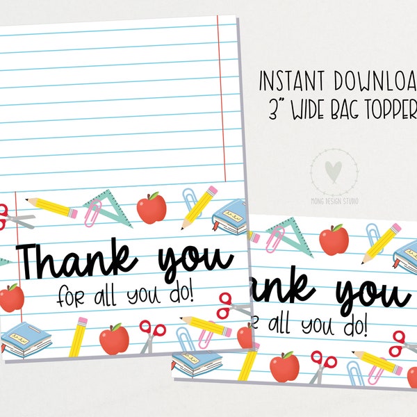 merci pour tout ce que vous faites Cookie Treat Bag Topper / appréciation des enseignants Printable Treat Bag Toppers / téléchargement instantané