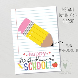 mini cartão de biscoitos feliz primeiro dia de aula, etiqueta de volta às aulas, etiqueta de biscoitos para impressão, download instantâneo