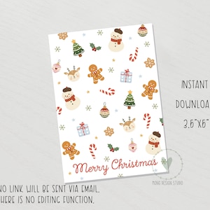 Puede incluir: Una tarjeta rectangular de 8,89 cm por 12,7 cm con fondo blanco y un patrón repetitivo de muñecos de nieve, hombres de jengibre, renos, árboles de Navidad, adornos, bastones de caramelo, regalos y acebo, con el texto Merry Christmas.