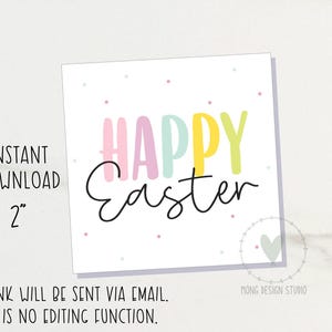 May include: A white card with pastel colored text that reads "Happy Easter" with confetti sprinkles. The card is 2 inches in size.