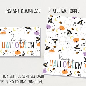 May include: Two Halloween-themed bag toppers with a white background. The design includes ghosts, pumpkins, witch hats, and stars. The words "happy HALLOWEEN" are in the center. The text "INSTANT DOWNLOAD" and "3" WIDE BAG TOPPER" are at the top.