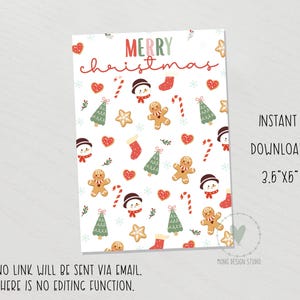Puede incluir: Una tarjeta navideña blanca con un patrón de hombrecitos de jengibre, muñecos de nieve, árboles de Navidad y bastones de caramelo. La tarjeta dice "MERRY christmas" en rojo y verde. La tarjeta mide 8,89 cm x 12,7 cm.