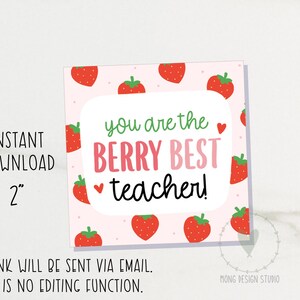 May include: Square card with a pink background and strawberry illustrations. The text "you are the BERRY BEST teacher!" is in the center. The card is 2 inches in size.