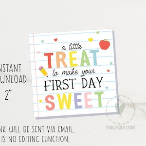Een kleine traktatie om je eerste dag zoet te maken cadeaulabel, happy first day-tag, terug naar school-tag, klasgenoot, afdrukbaar koekjeslabel