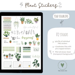 May include: A digital planner sticker sheet with 83 plant-themed stickers. The stickers feature various plants, pots, and phrases like "life is beautiful" and "keep growing".