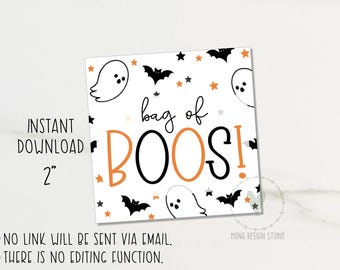 Può includere: Etichetta stampabile quadrata a tema Halloween con sfondo bianco, con illustrazioni di pipistrelli, stelle e fantasmi neri. Le parole "bag of BOOS!" sono in arancione e nero. È presente anche il testo "INSTANT DOWNLOAD 2".