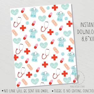 Könnte beinhalten: Druckbares digitales Papier im Format 8,5 x 11 Zoll mit einem sich wiederholenden Muster aus roten Kreuzen, blauen Arztkitteln, weißen Verbänden und roten Pillen auf weißem Hintergrund. Der Text "INSTANT DOWNLOAD" befindet sich in der oberen rechten Ecke des Bildes.