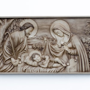 Birth of Jesus Christ wood carved丨Holy family Nativity wood carving丨Highly detailed 3D religious wood carving gift