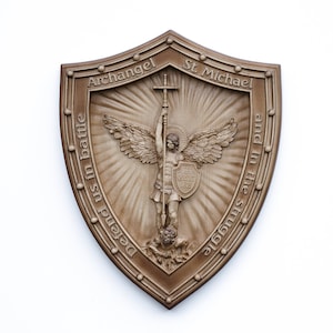 Schild met St Michael houtsnijwerk丨Aartsengel Michaël in slaghout gesneden丨Zeer gedetailleerd 3D religieus geschenk