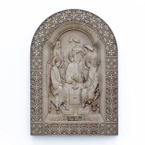 Holy Trinity wood carved icon丨Orthodox icon of Holy Trinity wood carving丨Highly detailed 3D religious wood carving gift