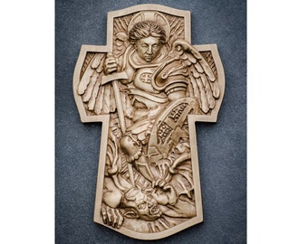St Michael the Archangel wood carving丨Archangel Michael in battle wood carved丨Highly detailed 3D religious gift