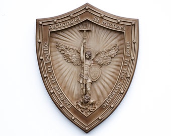 Shield with St Michael wood carving丨Archangel Michael in battle wood carved丨Highly detailed 3D religious gift