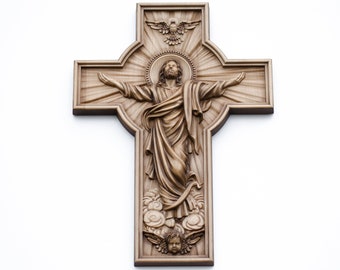 Wall cross wood carving丨Wooden christian wall crucifix丨Highly detailed 3D religious wood carved gift