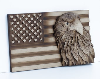American flag with eagle wood carving丨Wooden American flag with bald eagle丨Highly detailed 3D patriotic gift