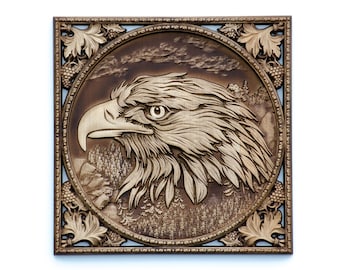 Eagle wood carving丨Bald eagle wall décor丨Highly detailed 3D wood carved gift