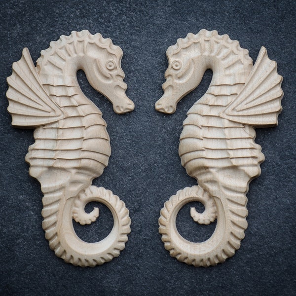 Set of two wooden seahorses丨Seahorses wood carved wall décor丨Unfinished marine wall décor