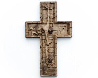 Krzyż ścienny "Pomocna dłoń"丨Chrześcijański krzyż ścienny, rzeźbiony w drewnie丨Bardzo szczegółowy, trójwymiarowy, religijny prezent w postaci rzeźby w drewnie