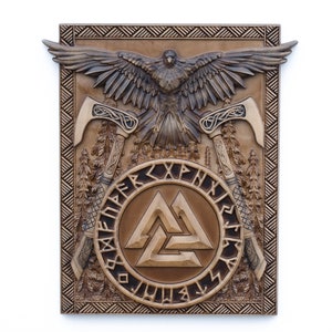 Viking Valknut Runen houtsnijwerk丨Symbool van de knoop van de gevallenen in de strijd丨Zeer gedetailleerd 3D Noors symbool houtsnijwerk