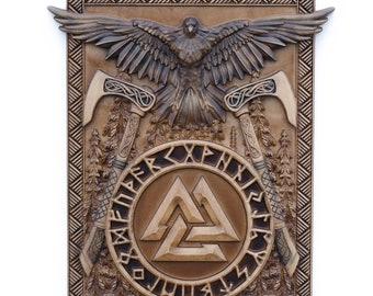 Viking Valknut Runes wood carving丨Symbol of the knot of the fallen in battle丨Highly detailed 3D norse symbol wood carving