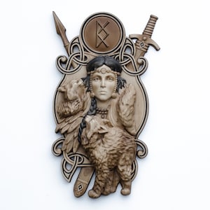 Norse Goddess Freya Wood Carving丨Wood Carved Viking Decor丨Highly detailed 3D Pagan Gods Wood Carving