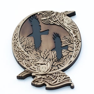 Odin&#39;s Raven Hugin en Munin houtsnijwerk丨Hout gesneden viking decor丨Hoog gedetailleerd 3D heidens decor hout gesneden