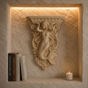 May include: A beige wall-mounted corbel featuring a sculpted mermaid figure with flowing hair and a fish tail, integrated into an ornate scrollwork design with floral accents. The piece is positioned above four books and a small white candle.