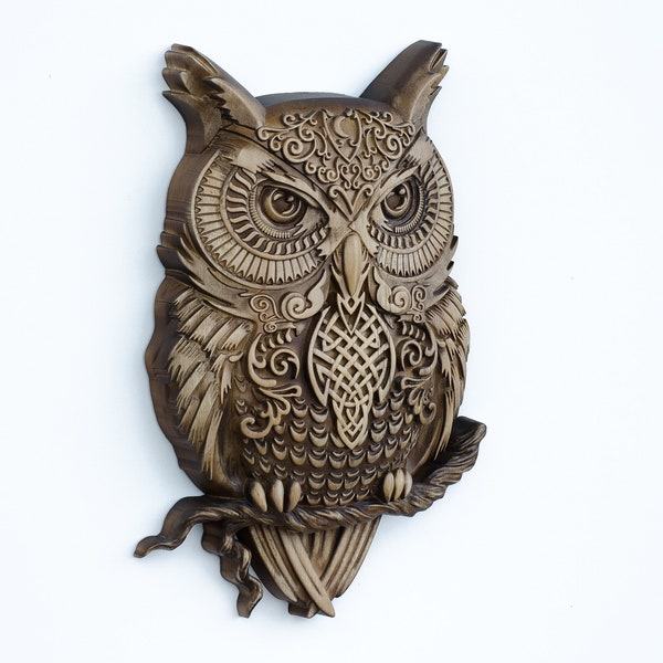 Celtic owl wood carving丨Viking owl wall décor丨Highly detailed 3D wood carved gift