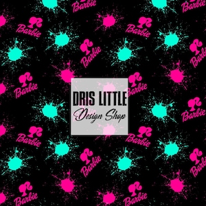 May include: A black background with a repeating pattern of pink and turquoise paint splatters. The word "Barbie" is repeated throughout the pattern in a pink font.