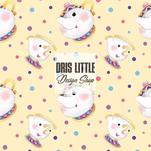 May include: A seamless pattern featuring a cartoon teapot and teacup with a smiling face. The background is yellow with colourful polka dots. The text "DRIS LITTLE Design Shop" is in the centre of the image.