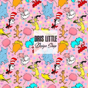 May include: A pink background with a repeating pattern of colorful cartoon characters from the book "The Cat in the Hat". The characters include the Cat in the Hat, Thing 1, Thing 2, the Lorax, and the Grinch. The text "Dris Little Design Shop" is in the center of the image.