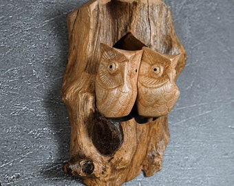 Hand Carved Owls in Love Wood Sculpture, Rustic Wedding Gift, 6.5 Inch