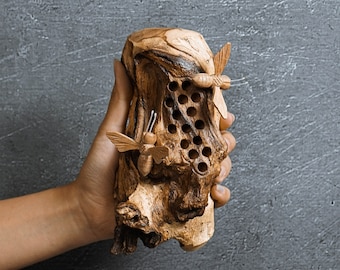 Honey Bees Wall Art 6.5&quot;, Honeycomb, Wooden Sculpture, Unique, Handcrafted, Wall Statue, Handmade Statue, Tropical Decor, Gift for Couple