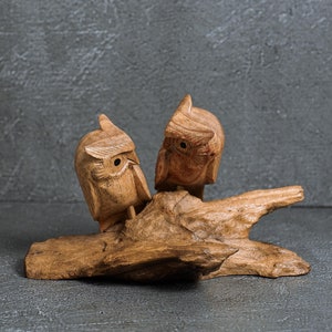Owl Couple Sculpture 8&quot; Width, Bird Figurine, Ornament, Wood Carving, Owl Decor, Nocturnal Bird, Handmade, Room Decor, Engagement Gift