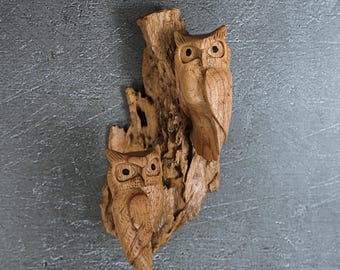 Handmade Wooden Owl Wall Decor, Wood Carving, 8 Inch