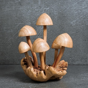 Hand Carved Wood Mushroom Statue: Natural Fungi Decor 6.5&quot;