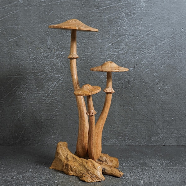 Handmade Wooden Mushroom Sculpture: Driftwood Base, Rustic Home Decor 8.8"