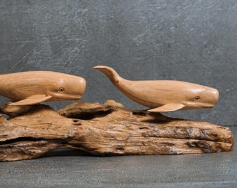 木製マッコウクジラ像、名入れ可能な置物、彫刻、動物の木彫り、手作り