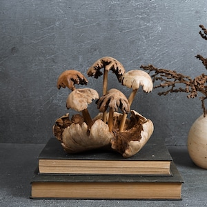 Exotic Mushroom Statue 6&quot;, Wooden Mushroom, Mushroom Ornament, Fairy Mushroom, Unique Statue, Wood Carving, Dining Room Decor, Gift for Him