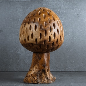 Wooden Large Mushroom Decor 12&quot;, Mushroom Sculpture, Wood Carving, Rustic, Natural Piece, Housewarming, Home Decor, Exotic, Unique Gift