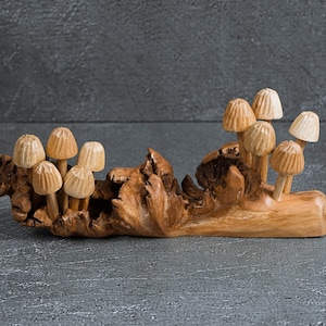 Wooden Mushroom Forest 8.5&quot;, Exotic Mushroom Figurine, Mushroom Ornament, Hand Carved Statue, Forest Art, Indoor Decor, Mother Loss Gift