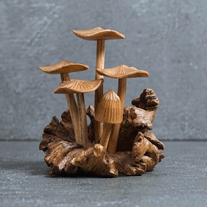 Mushroom Wood Figurine 4",  Handmade Sculpture, Hand Carved Statue, Floral, Rustic Decor, Mushroom Ornament, Livingroom Decor, Special Gift